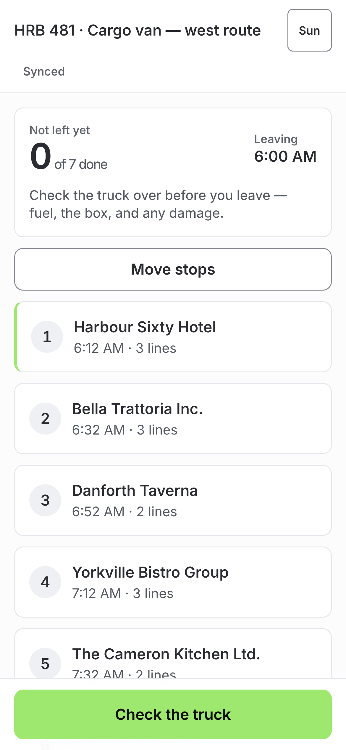 The driver's day on his phone: HRB 481, the cargo van on the west route, none of seven stops done, leaving at 6:00, with each stop timed and its line count beside it and “Check the truck” waiting at thumb height.
